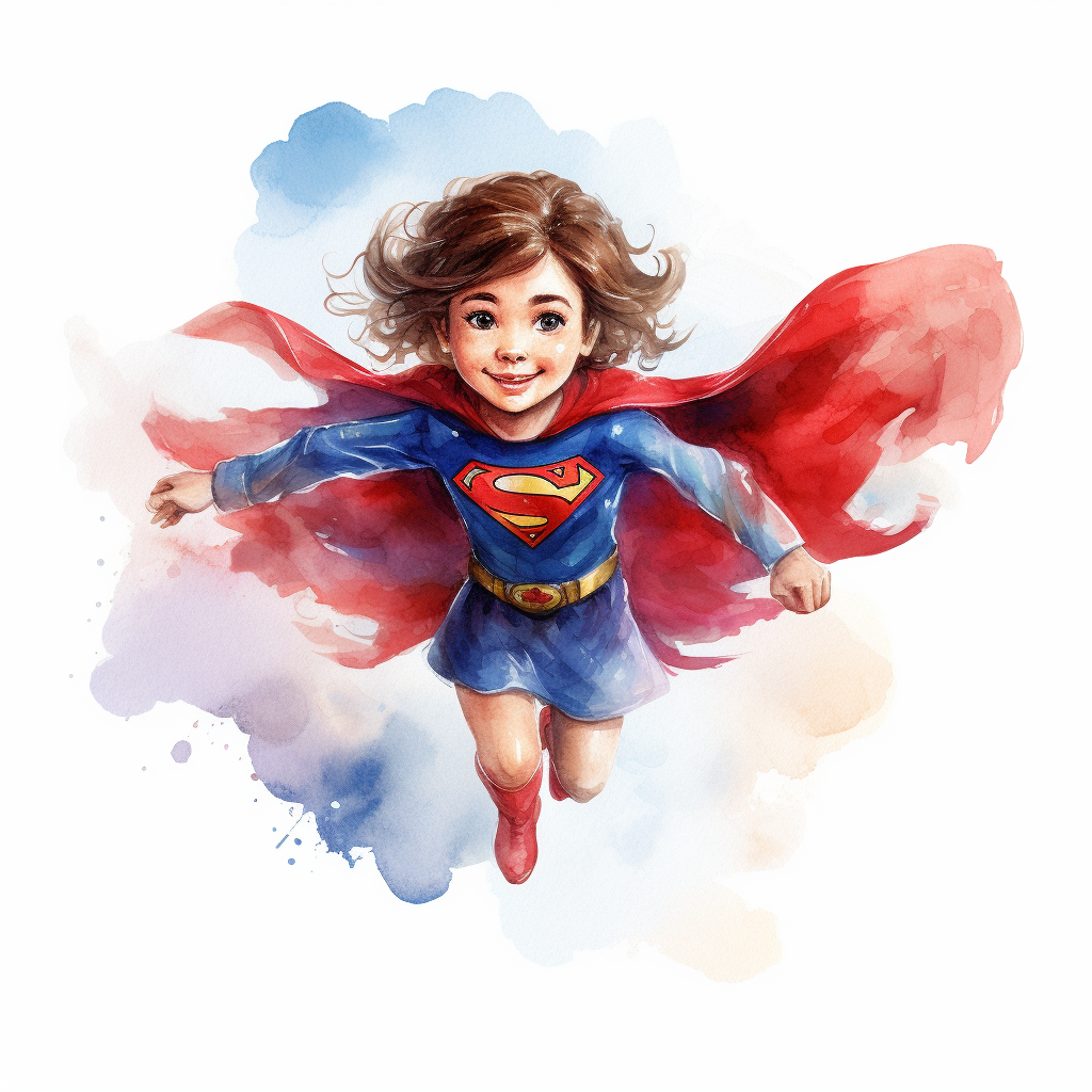 A girl dressed as a superwoman flies above a city, watercolor